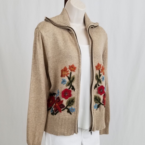 Tiara Int'l cardigan zip front tan floral M - Picture 2 of 8